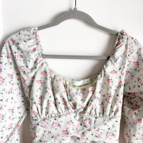 Altar’s State Lola Crossover Mint Green Pink Floral Mini Dress Fit & Flare M - Picture 2 of 16